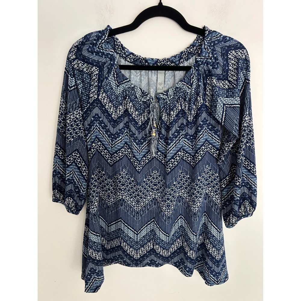 JnJ Blue White Geometric Chevron Tassel Peasant Boho Blouse 3/4 Sleeve Top